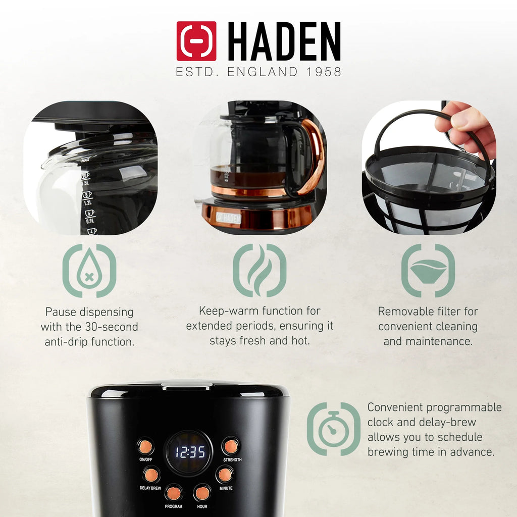 Haden Heritage 2 Slice Wide Slot Toaster & Coffee Maker, Black & Copper