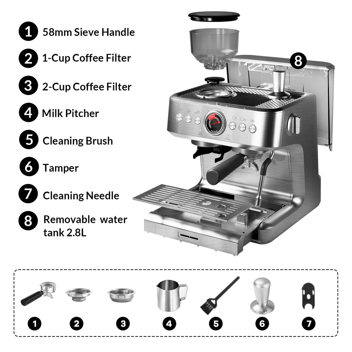 Danolapsi Espresso Coffee Machine,Espresso Machines with Grinder,20 Bar Professional Coffee Maker with Milk Frother Steam Wand,2.8L Water Tank,15 Grinding Setting Espresso Cappuccino/Latte Maker