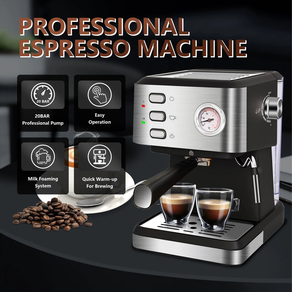 Bluebow Espresso Machine 20 Bar, 1.5L Water Tank Pressure Gauge Milk Frother Steam Coffee Maker, Silver