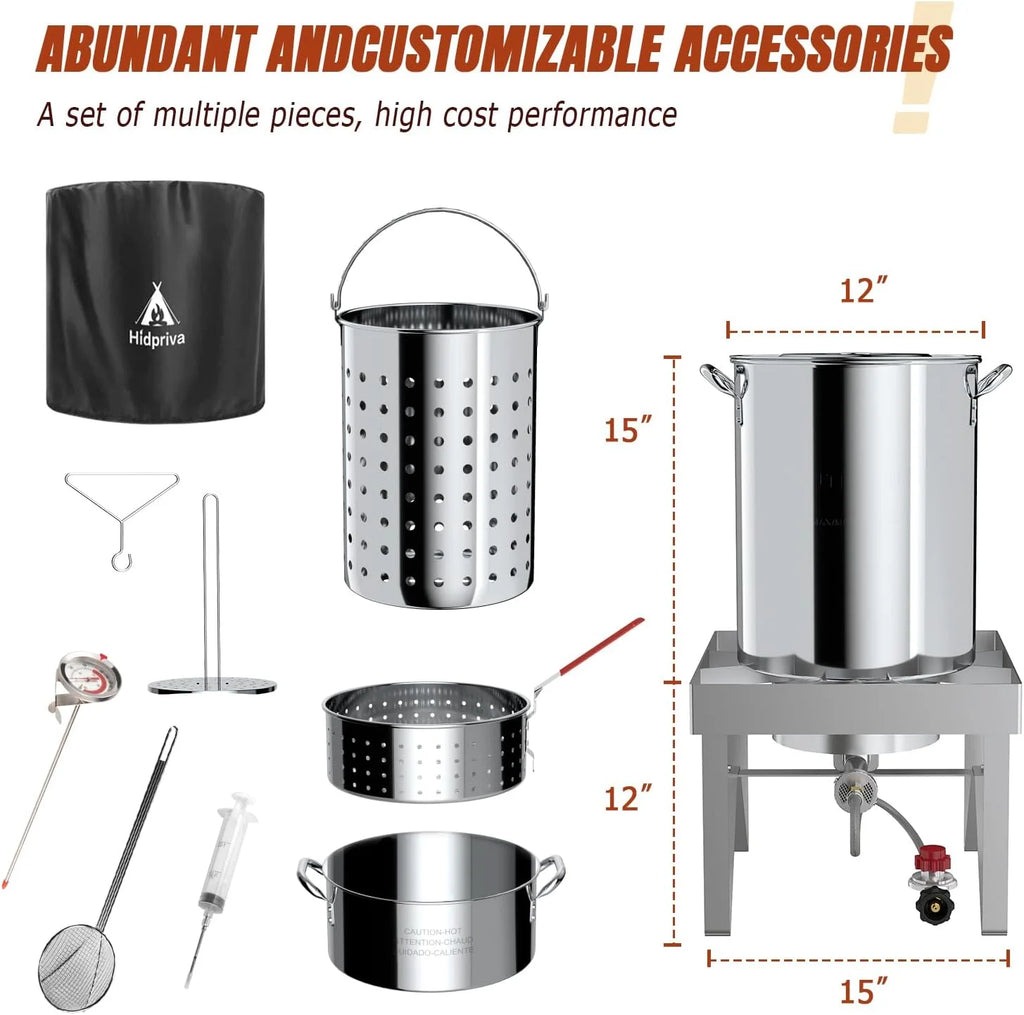 30QT Stainless Steel Turkey Fryer Kit, Stainless Steel Stand with 55,000BTU Propane Burner Stove, Waterproof Cover & Skimmer, Turkey Deep Fryer Pot, Outdoor Fish Fryer, Crawfish Boiler