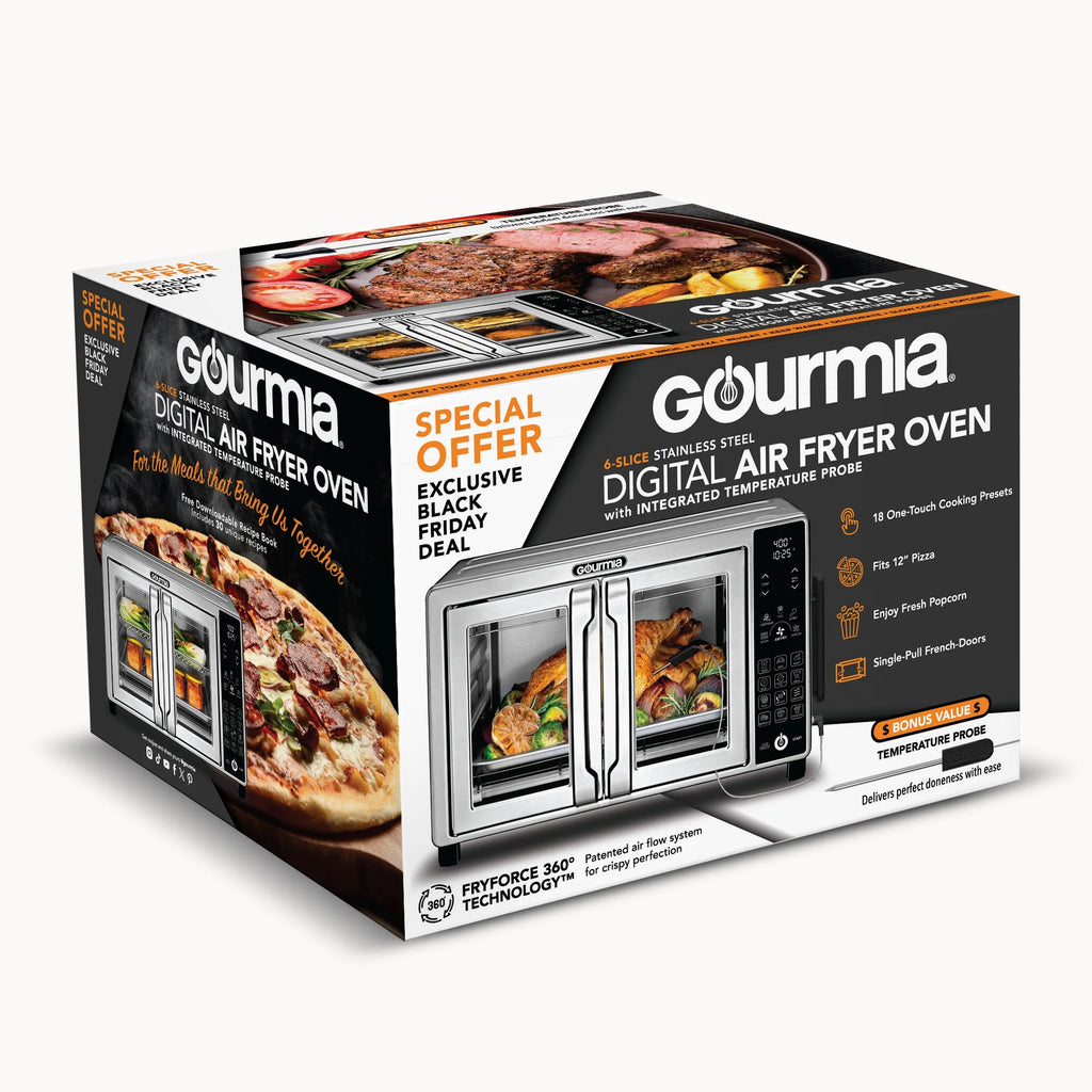 Gourmia 6-Slice Digital Toaster Oven Air Fryer, with 18 One-Touch Presets & Temp Probe, Stainless Steel