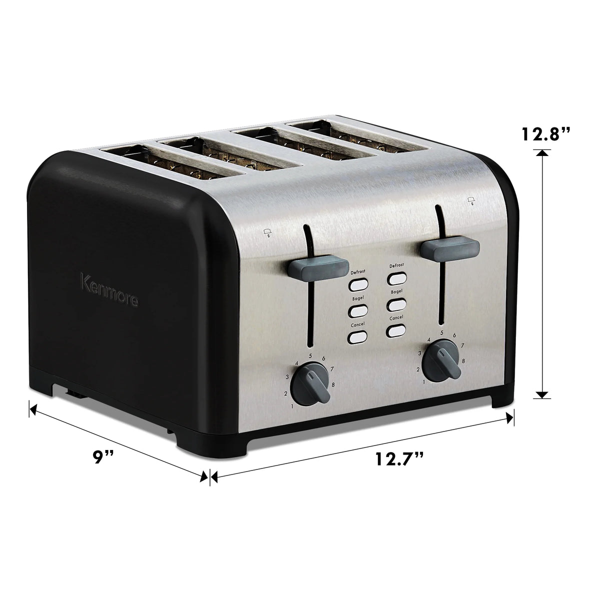 Kenmore 4-Slice Black Stainless Steel Toaster, Dual Controls, Wide Slot