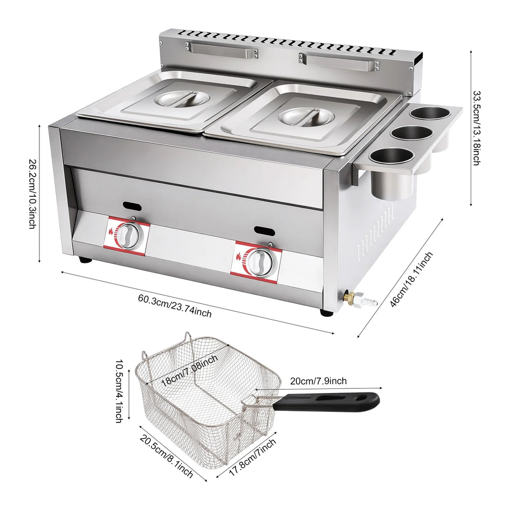 12L 3.17Gal Dual Tank Gas Fryer 430SS Commercial Deep Fryer