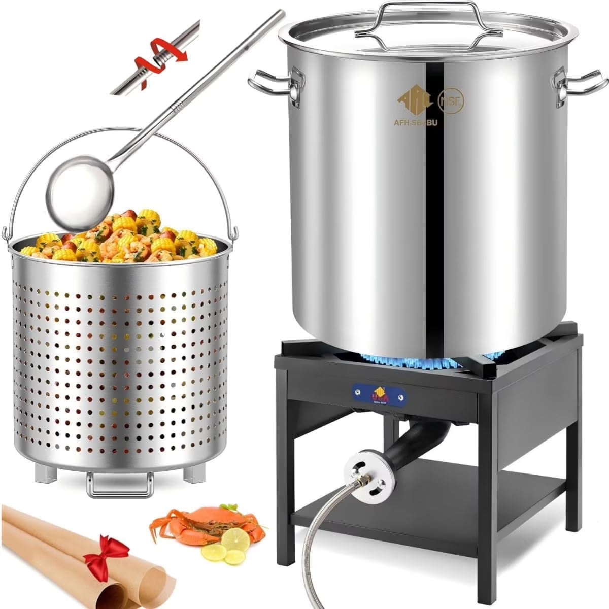 64QT Stainless Steel Seafood Boiling Turkey Fryer Kit with Strainer and Propane Stove with 200,000BTU and 36" Large Spoon (Stockpot+Stove+Large Spoon)