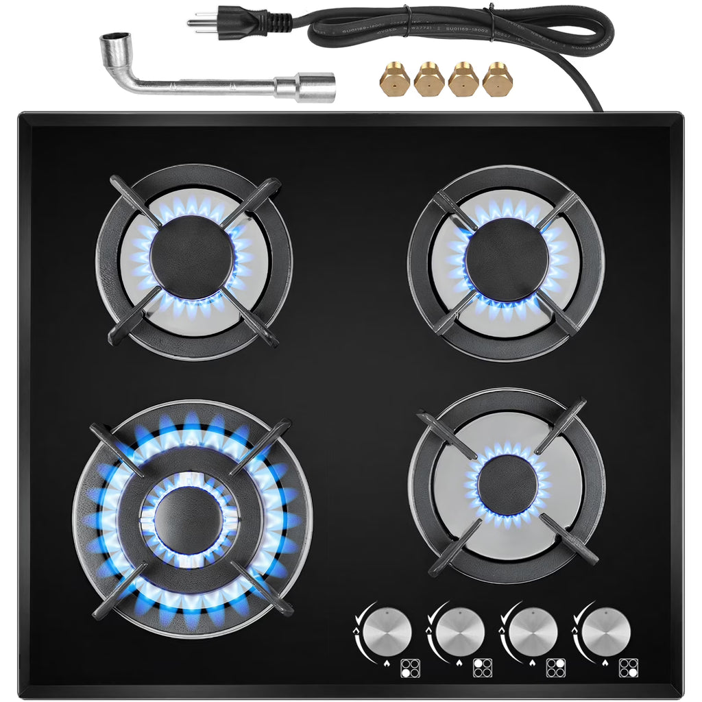 Nardea Gas Stovetop 4 Burner, Built-in/Countertop Propane Gas Cooktop, LPG/NG Dual Fuel Convertible Gas Stove Top with Thermocouple Protection, Black Tempered Glass, 27400BTU