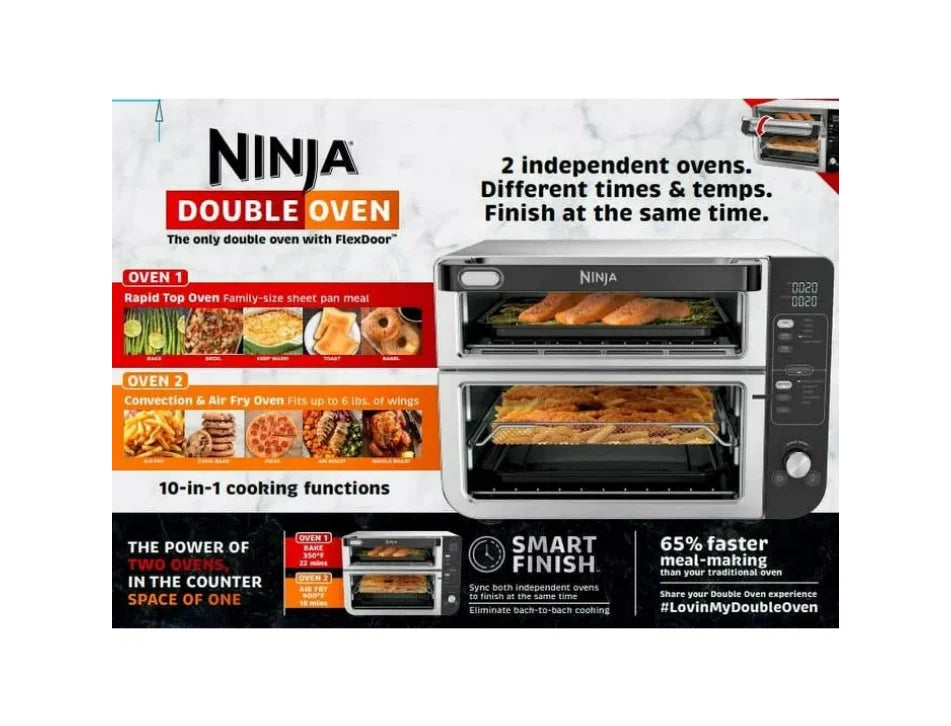 Restored Ninja 10-in-1 Air Fryer, Double Door Toaster Oven with FlexDoor, FlavorSeal & Smart Finish, Rapid Top Convection and Air Fry Bottom, Bake, Toast, Air Fry, Pizza and More, Stainless Steel, DCT400 (Refurbished)