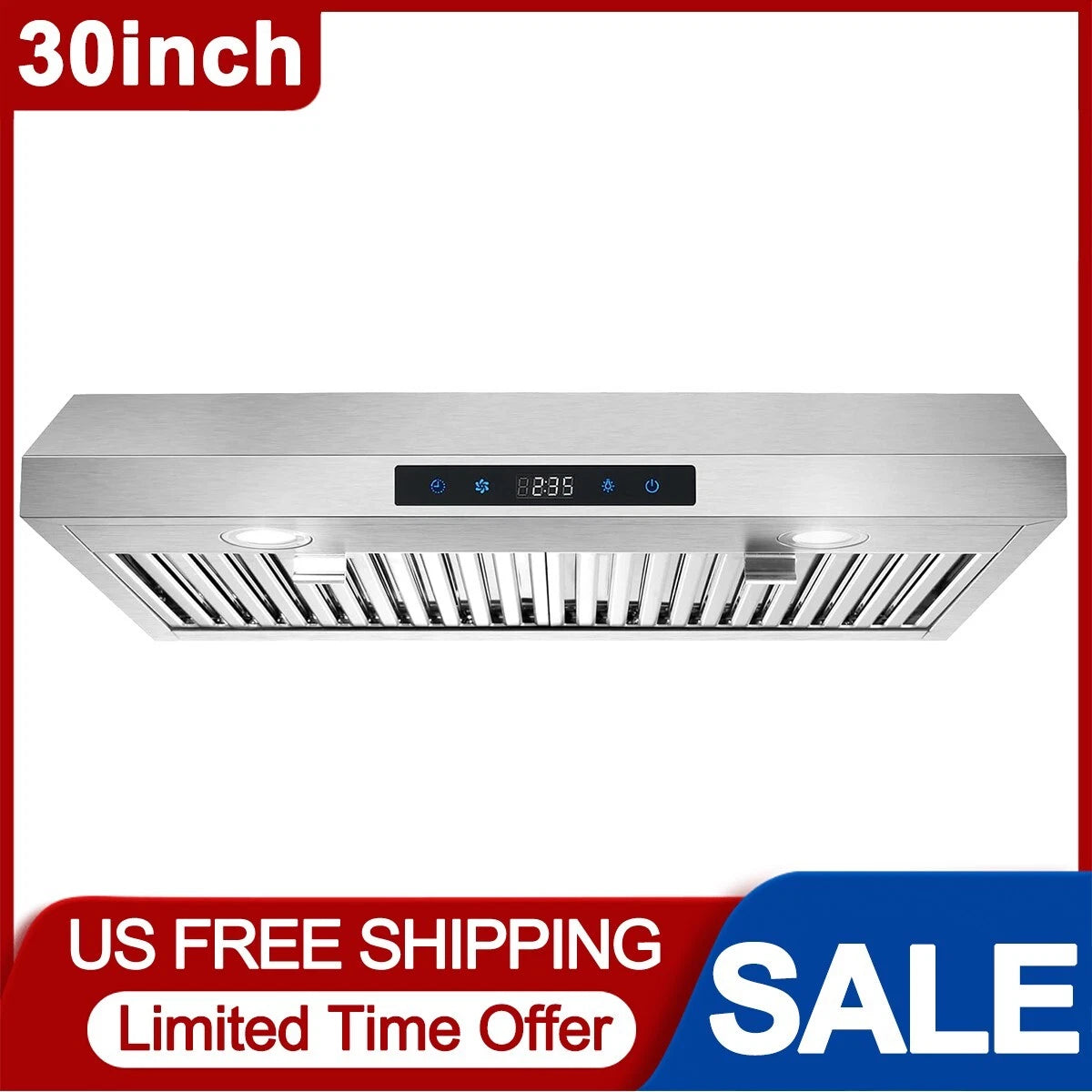 Under Cabinet Range Hood 30 inch Stainless Steel Kitchen Hood 600 CFM Stove Filter Touch Control LED Lights