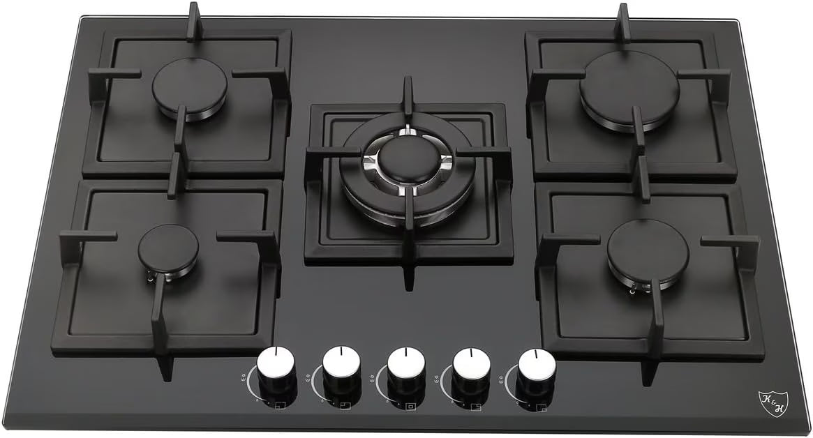 K&H 5 Burner 30 Inch Built-in LPG/Propane Gas Stove Top Glass Surface Cast Iron Cooktop UL/ETL Certified 5-GCW-LPG