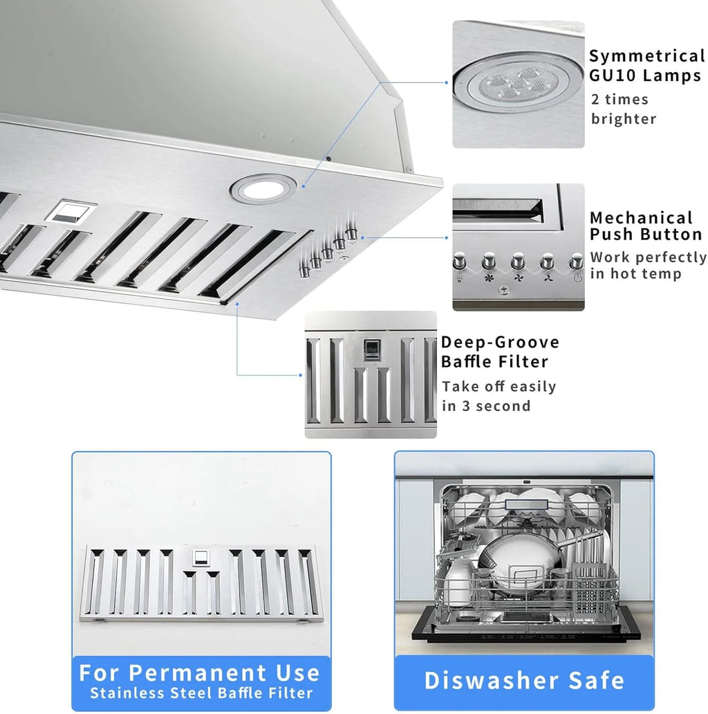 20 inch Range Hood Built-in 800CFM Stainless Kitchen Vent Exhaust 3-Speed with Led Bulb Filters 120V