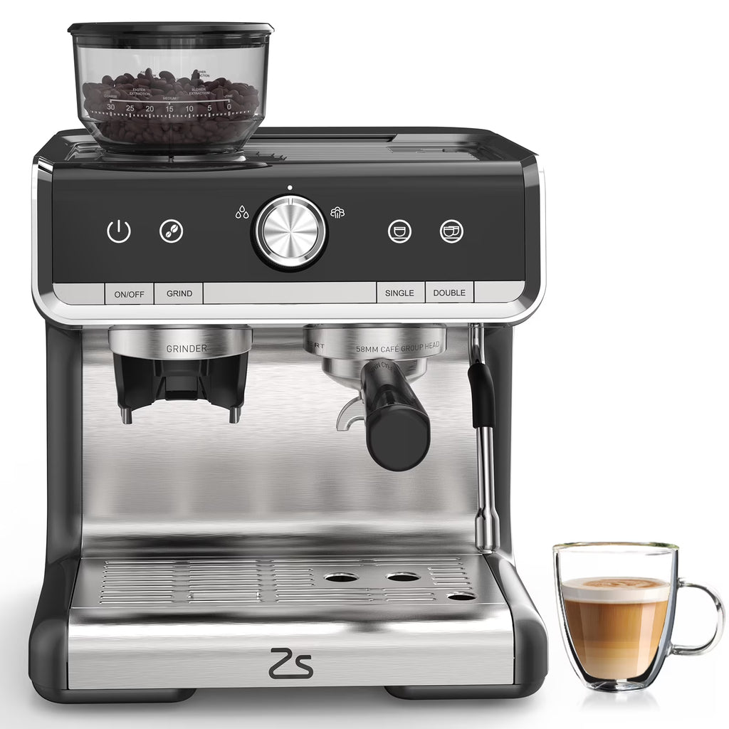 Espresso Coffee Machine with Grinder, 20 Bar Semi-Automatic Espresso Maker with Milk Frother Steamer Wand for Cappuccino, Latte, Macchiato, 2.8 L Water Tank, PID Temperature Control, Silver