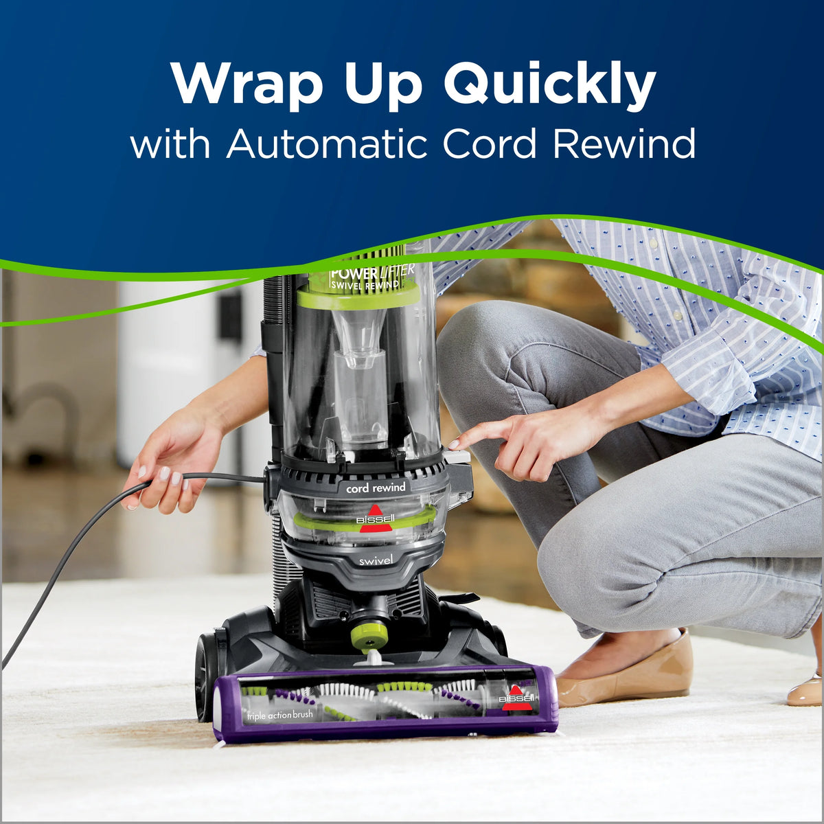 BISSELL PowerLifter Swivel Pet Rewind, Bagless, Upright Vacuum, Pet Friendly, Triple Action Brush Roll, Automatic Cord Rewind, Scatter Free Technology, 2259, Black & Purple