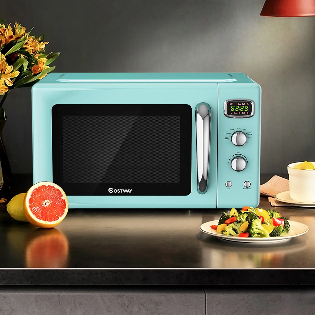 Costway 0.9Cu.ft. Retro Countertop Compact Microwave Oven 900W 8 Cooking Settings White