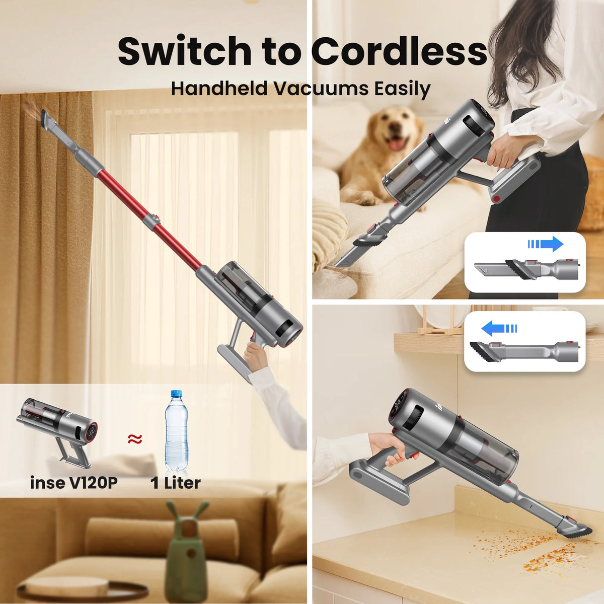 INSE Lightweight Cordless Vacuum with 30Kpa Powerful Suction & 60 Mins Runtime, Stick Vacuum  for Carpet, Tile, Pet Hair, Hardwood Floors