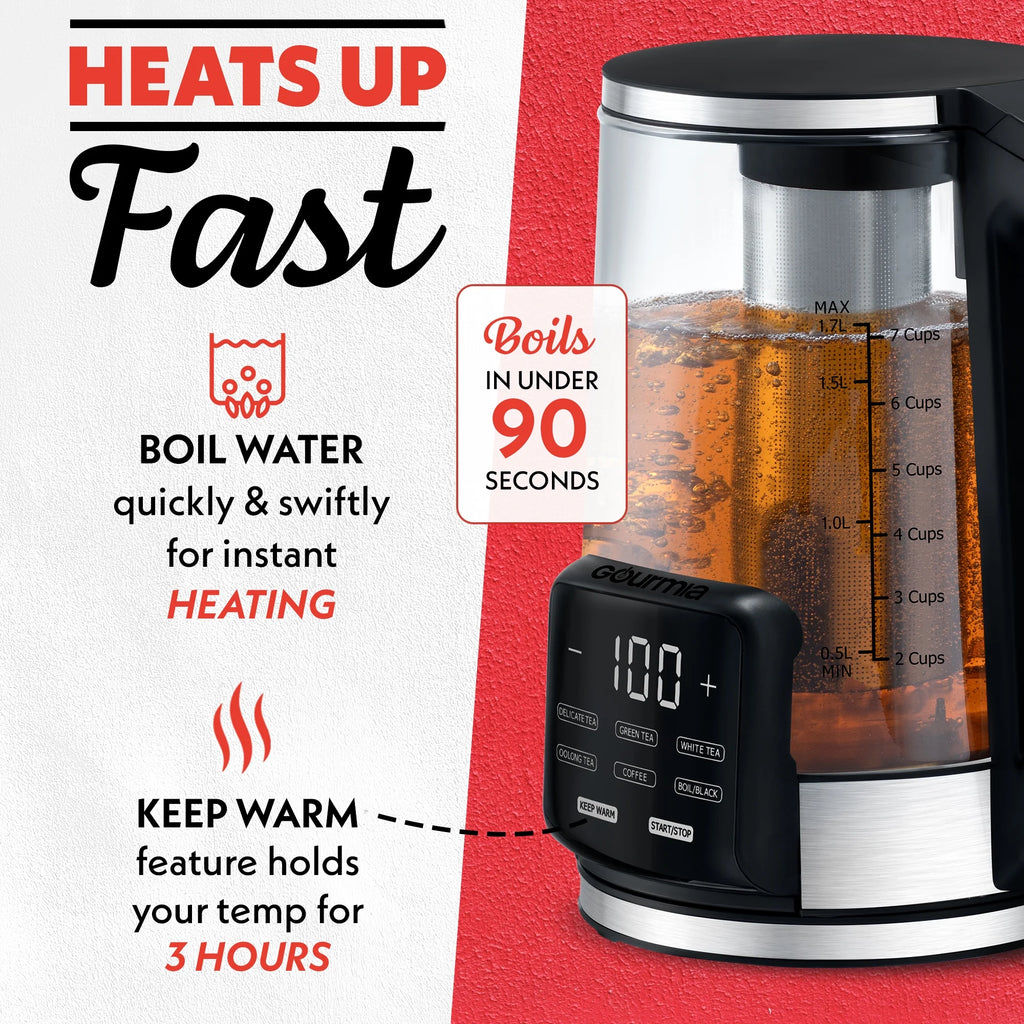 Gourmia 1.7L Programable Glass Kettle with Touch Display, Infuser, Black