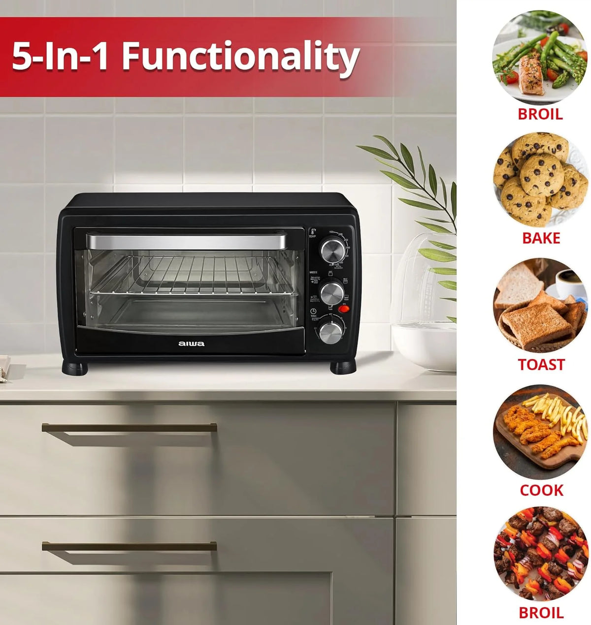 Aiwa Convection Toaster Oven, Countertop Oven with Bake, Toast, & Broil Functions, 1400W, Black