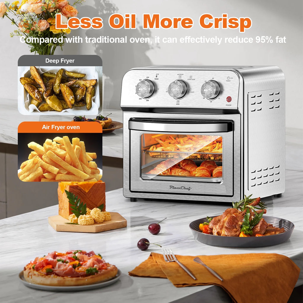 Plum Chef 13QT Air Fryer Toaster Oven Combo, 7-in-1 Multifunctional Countertop Oven with 360�� Hot Air Circulation for Healthy Oil-Free Cooking, Family Size, Stainless Steel, Silver