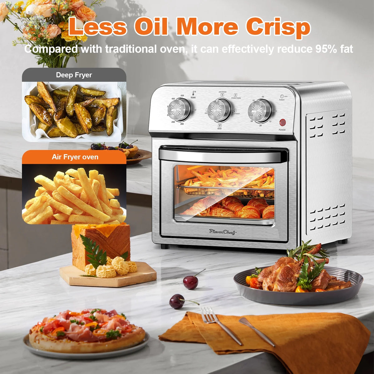Plum Chef 13QT Air Fryer Toaster Oven Combo, 7-in-1 Multifunctional Countertop Oven with 360�� Hot Air Circulation for Healthy Oil-Free Cooking, Family Size, Stainless Steel, Silver