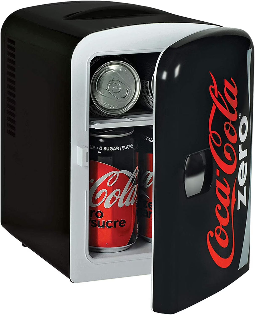 Coca-Cola Coke Zero 4L Portable Cooler/Warmer, Compact Personal Travel Fridge for Snacks Lunch Drinks Cosmetics, Includes 12V and AC Cords, Desk Accessory for Home Office Dorm Travel, Black