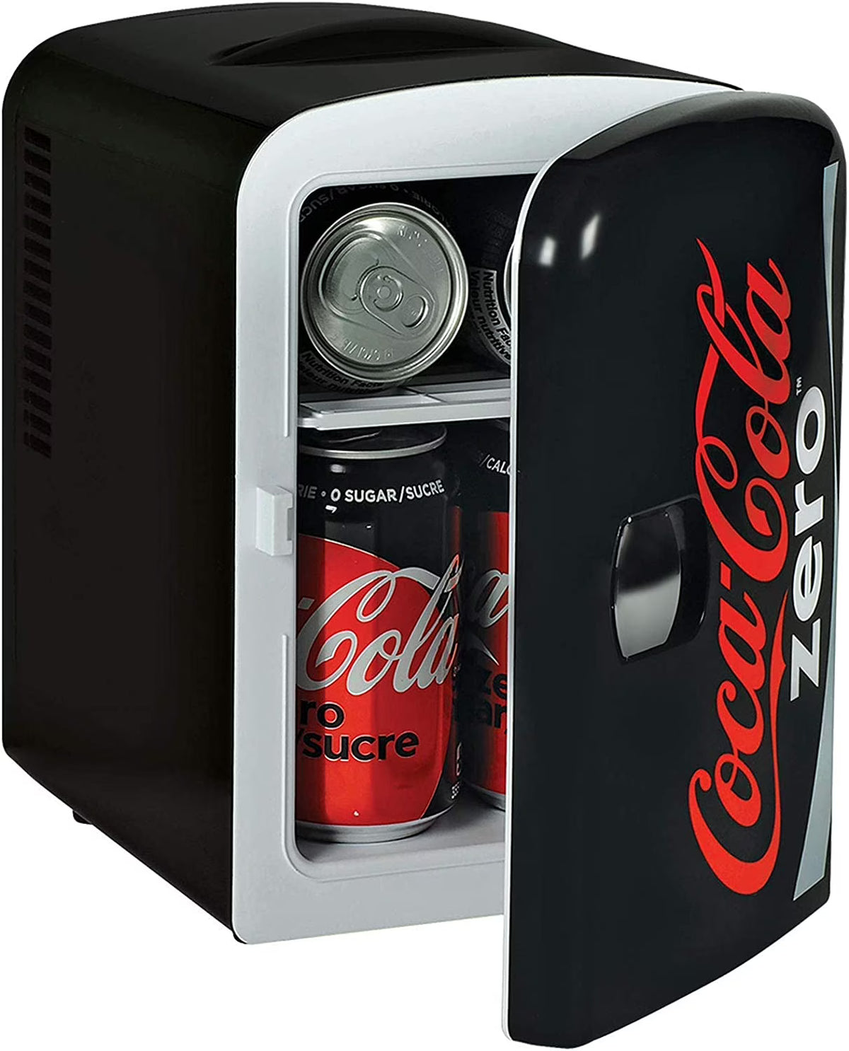 Coca-Cola Coke Zero 4L Portable Cooler/Warmer, Compact Personal Travel Fridge for Snacks Lunch Drinks Cosmetics, Includes 12V and AC Cords, Desk Accessory for Home Office Dorm Travel, Black