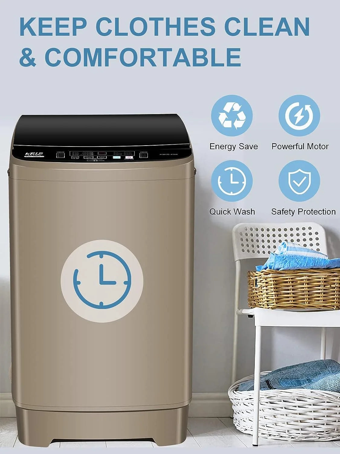 17.7 lbs Full Automatic Washing Machine with LED Display Compact Washing Machine with Drain Dump, 10 Wash Programs and 8 Water Levels Ideal for Dorms, Apartments, Grey