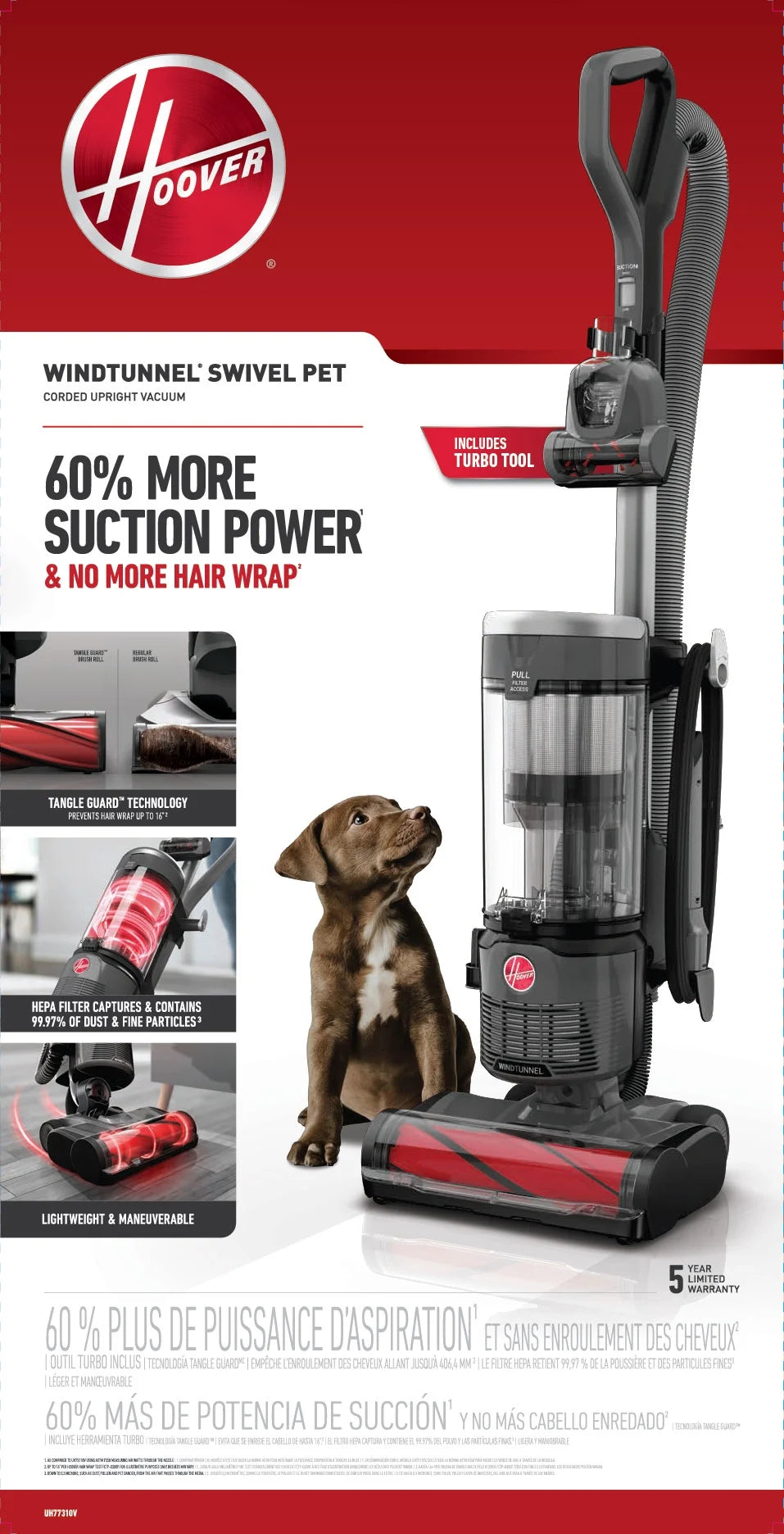 Hoover Windtunnel Swivel Pet Bagless Upright Vacuum, Pet Friendly, Above Floor Cleaning, Swivel Steering, Prevents Hair Wrap, UH77310V, Gray
