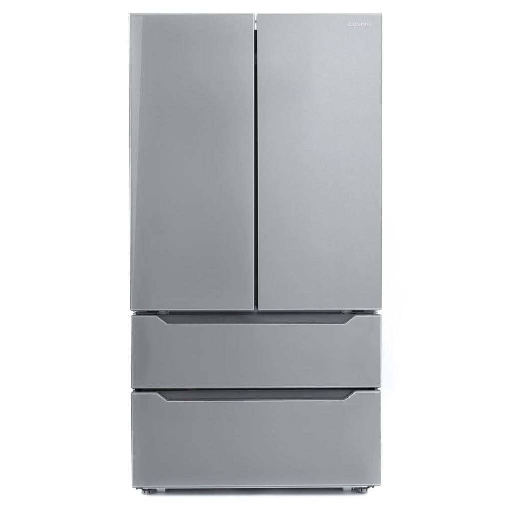 Cosmo 4 Piece Kitchen Appliance Packages with 36" Freestanding 220/240V Dual Fuel Range 36" Island Range Hood 24" Built-in Integrated Dishwasher & French Door Refrigerator Kitchen Appliance Bundles