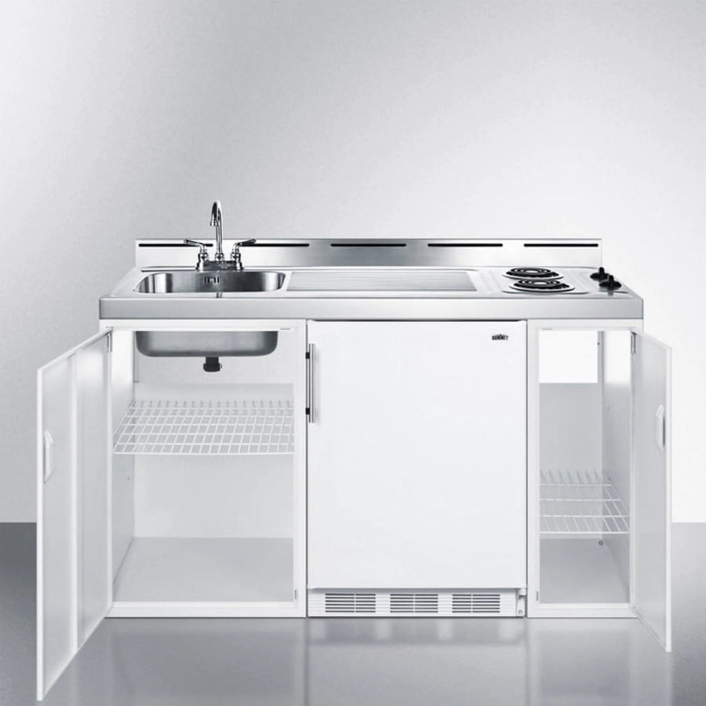 60" Wide All-In-One Kitchenette, White, Glass Cooktop