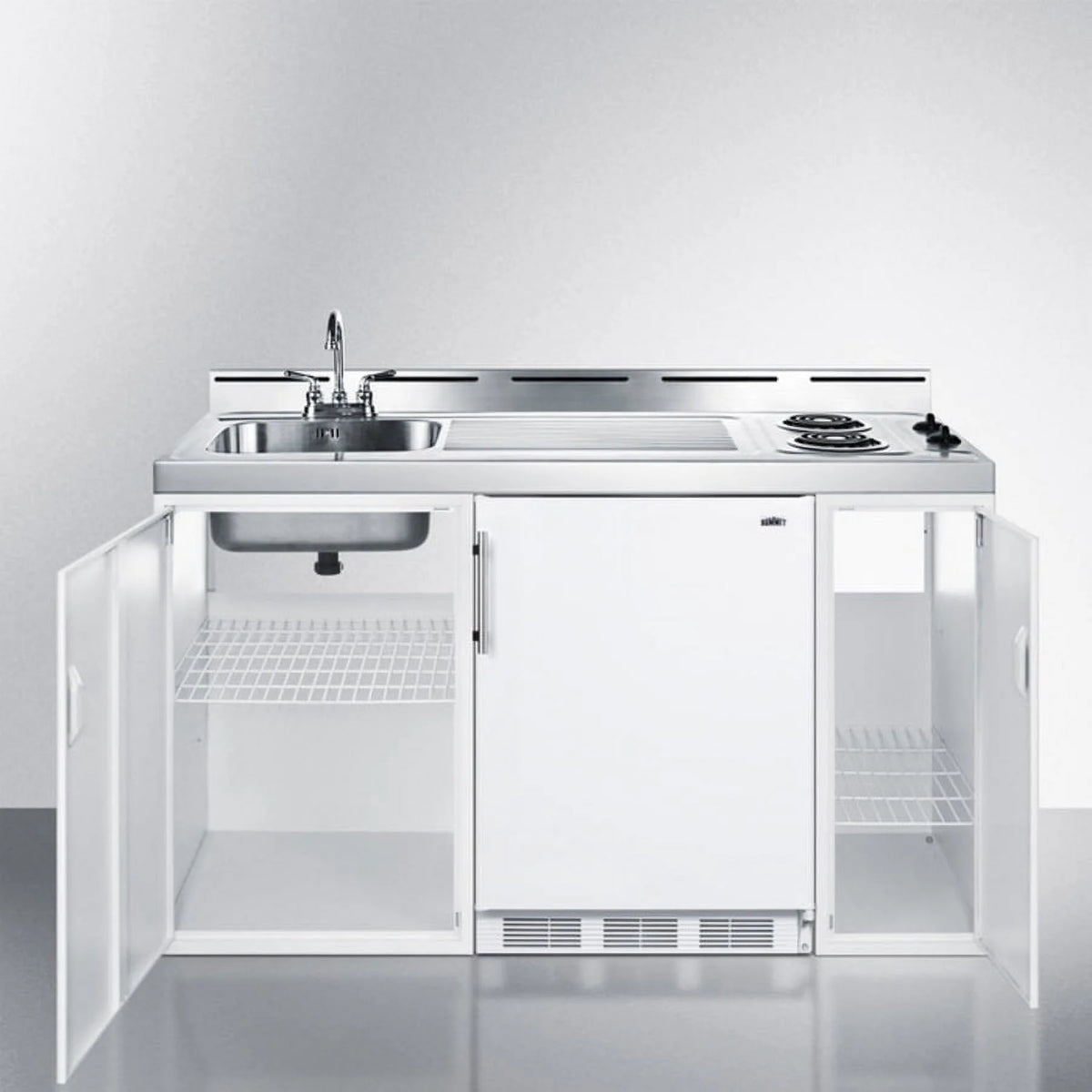 60" Wide All-In-One Kitchenette, White, Glass Cooktop