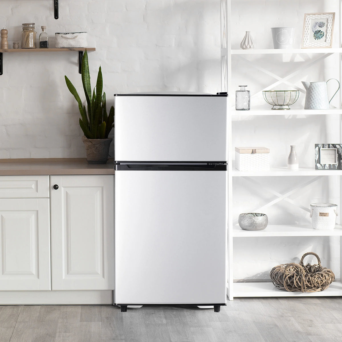 CALLIEVER Compact Mini Fridge with Freezer, 3.5 Cu.Ft 2-Door Refrigerator �C Ideal for Dorm, Office, Bedroom �C 7 Temp Settings, Adjustable Shelves,Silver