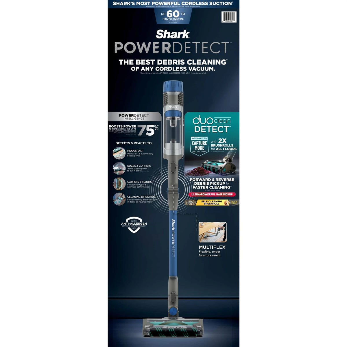 Shark PowerDetect Cordless Stick Vacuum, Multi-Surface, with DuoClean Detect Nozzle and MultiFLEX Wand, Up to 60 Mins Runtime, IP1250 Blue