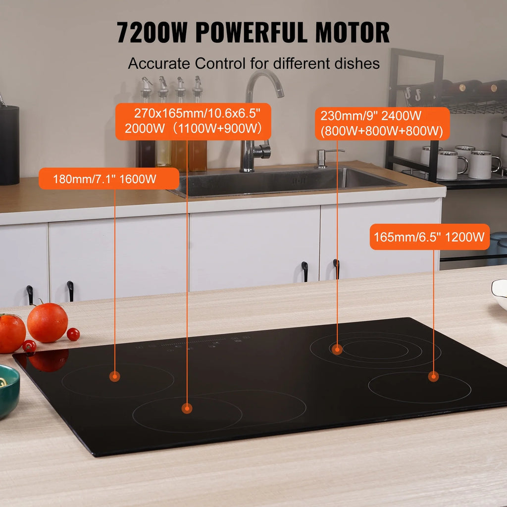 KFFKFF 7200W Electric Ceramic Cooktop, 30" 4 Burners Built-in Countertop Burners Cooker Touch Sensor Control, Overheat Protection, Child Lock, 220-240V (NO Plug)