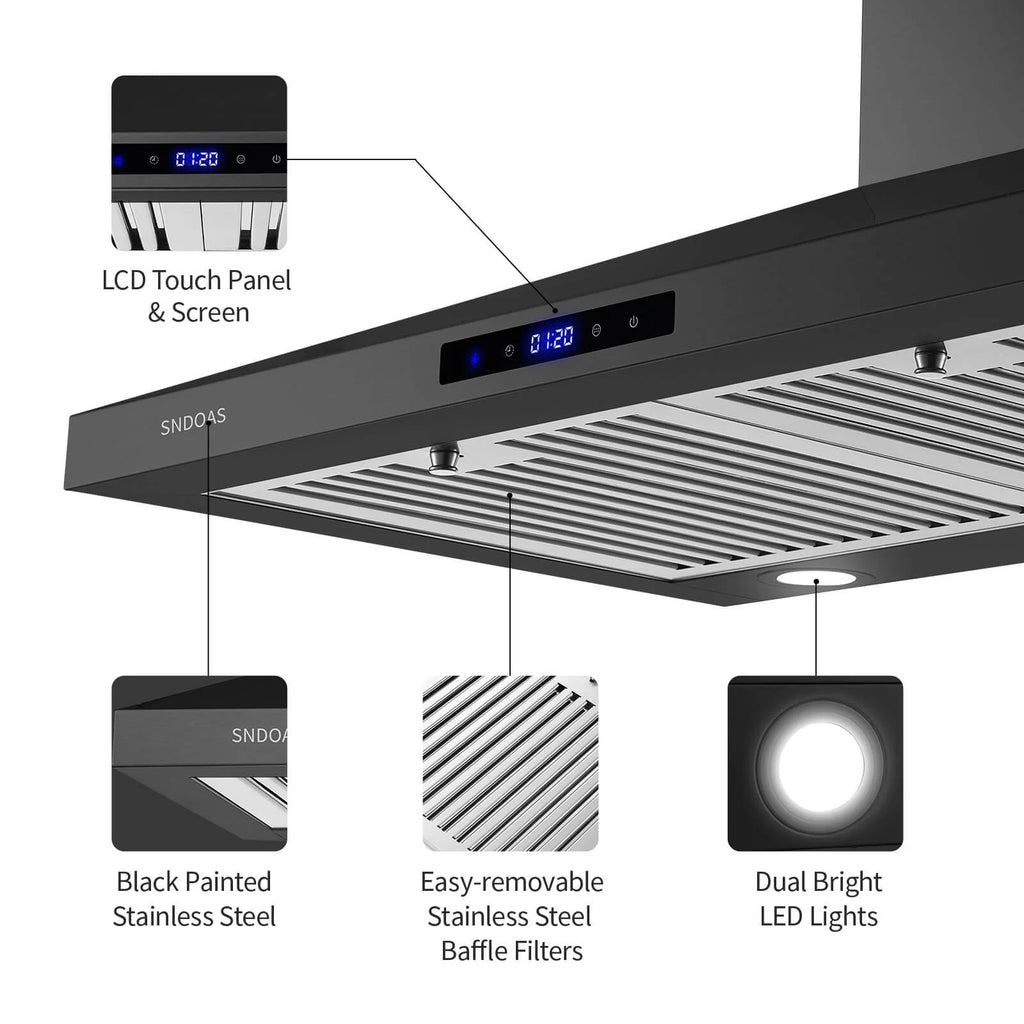 30 inch Wall Mount Range Hood Stainless Steel 350 Cfm Cooking Stove Vented LED Lamp 3 Speed Black