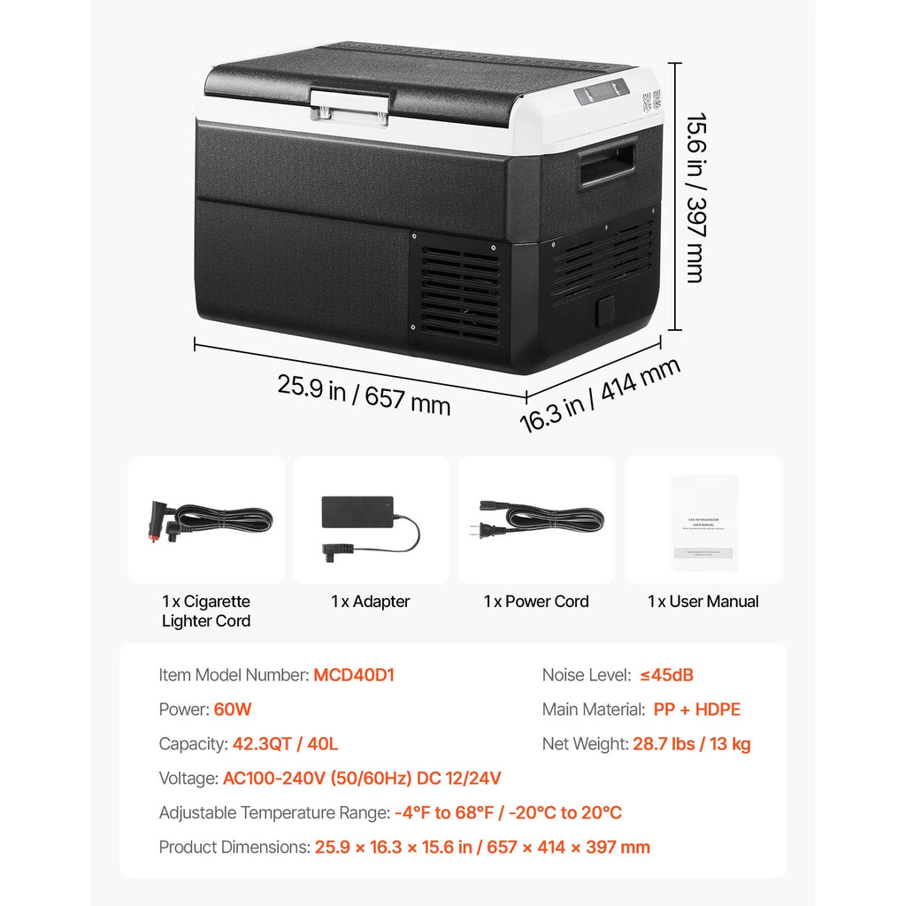 VEVOR Portable Car Refrigerator 42 Qt, 12V Portable Freezer with Single Zone, 12/24V DC & 110-240V AC Electric Cooler with -4�H-68�H Cooling Range, for Car Truck Vehicle RV Boat Outdoor & Home use