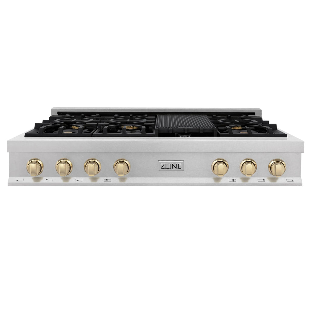 ZLINE Autograph Edition 48" Porcelain Rangetop with 7 Gas Burners in DuraSnow Stainless Steel and Champagne Bronze Accents (RTSZ-48-CB)