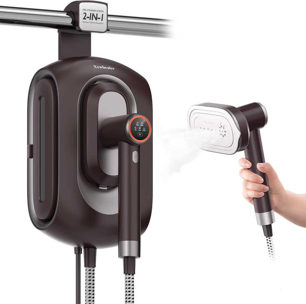 Newbealer Steamer for Clothes,2-in-1 1550W Turbocharged Garment Steamer & Iron ,3 Levels Smart Control Steaming,1.2L Detachable Tank,Auto Shut-Off,Self-Cleaning,Innovative Storage: Hang or Wall Mount