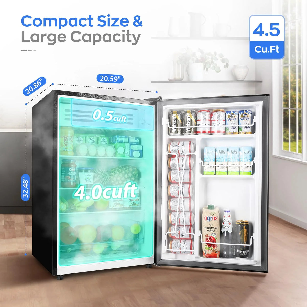 Upstreman 4.5 Cu. Ft. Compact Refrigerator with Freezer, Single Door Mini Fridge Small Refrigerator, 3 Removable Glass Shelves, Adjustable Thermostat, Black FR45