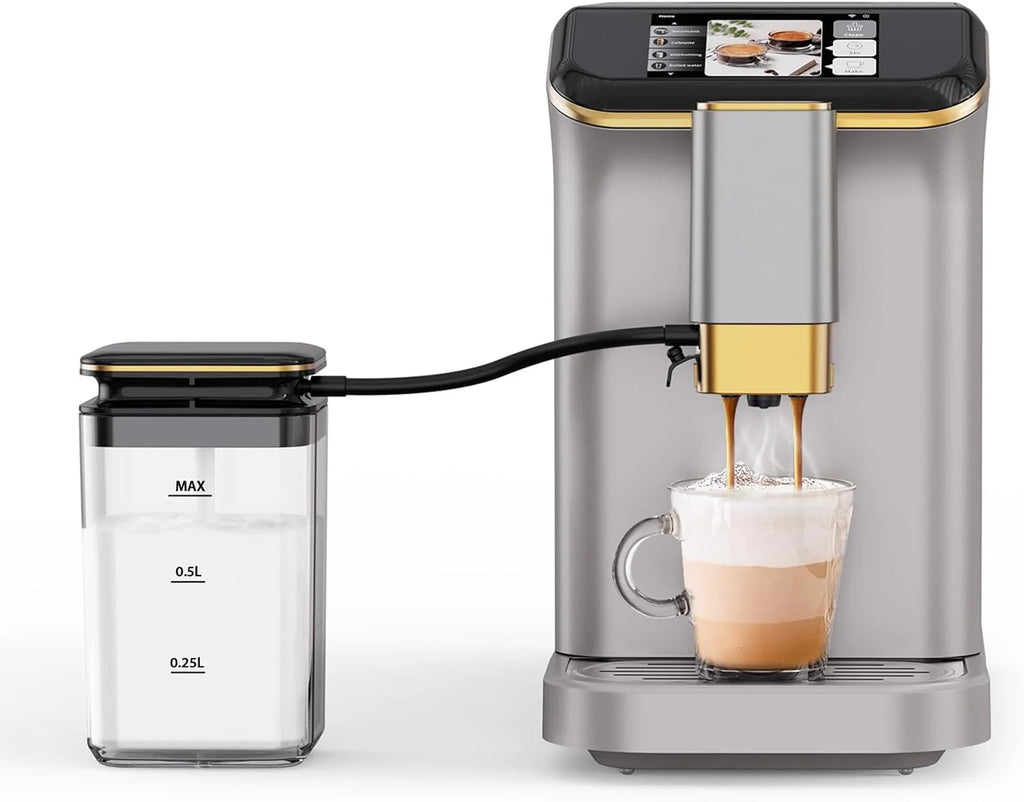 Full Automatic Espresso Machine with Built-In Grinder & Milk Frother - FTF Touchscreen Coffee Maker for Latte/Cappuccino, 20 Bar Pressur & 1.5L Water Tank, 1350W, Grey