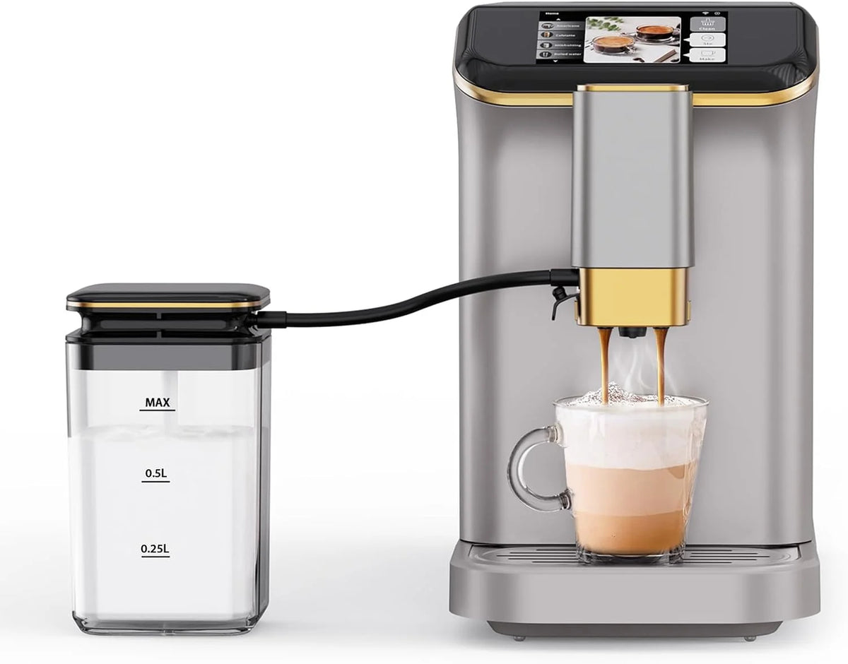 Full Automatic Espresso Machine with Built-In Grinder & Milk Frother - FTF Touchscreen Coffee Maker for Latte/Cappuccino, 20 Bar Pressur & 1.5L Water Tank, 1350W, Grey
