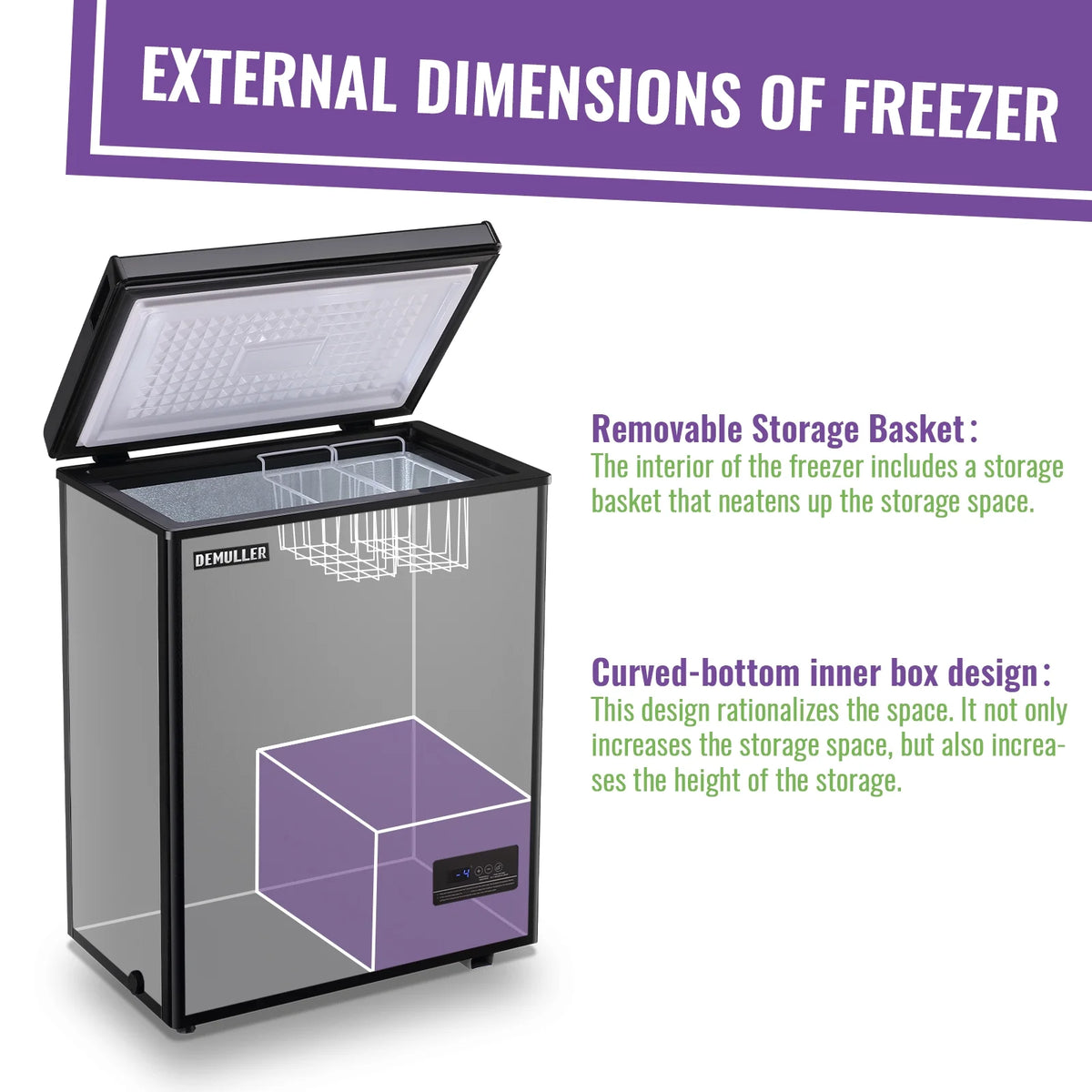 DEMULLER Deep Chest Freezer Mini Freezer with Electronic Display Screen 2 Removable Baskets 63-BLACK
