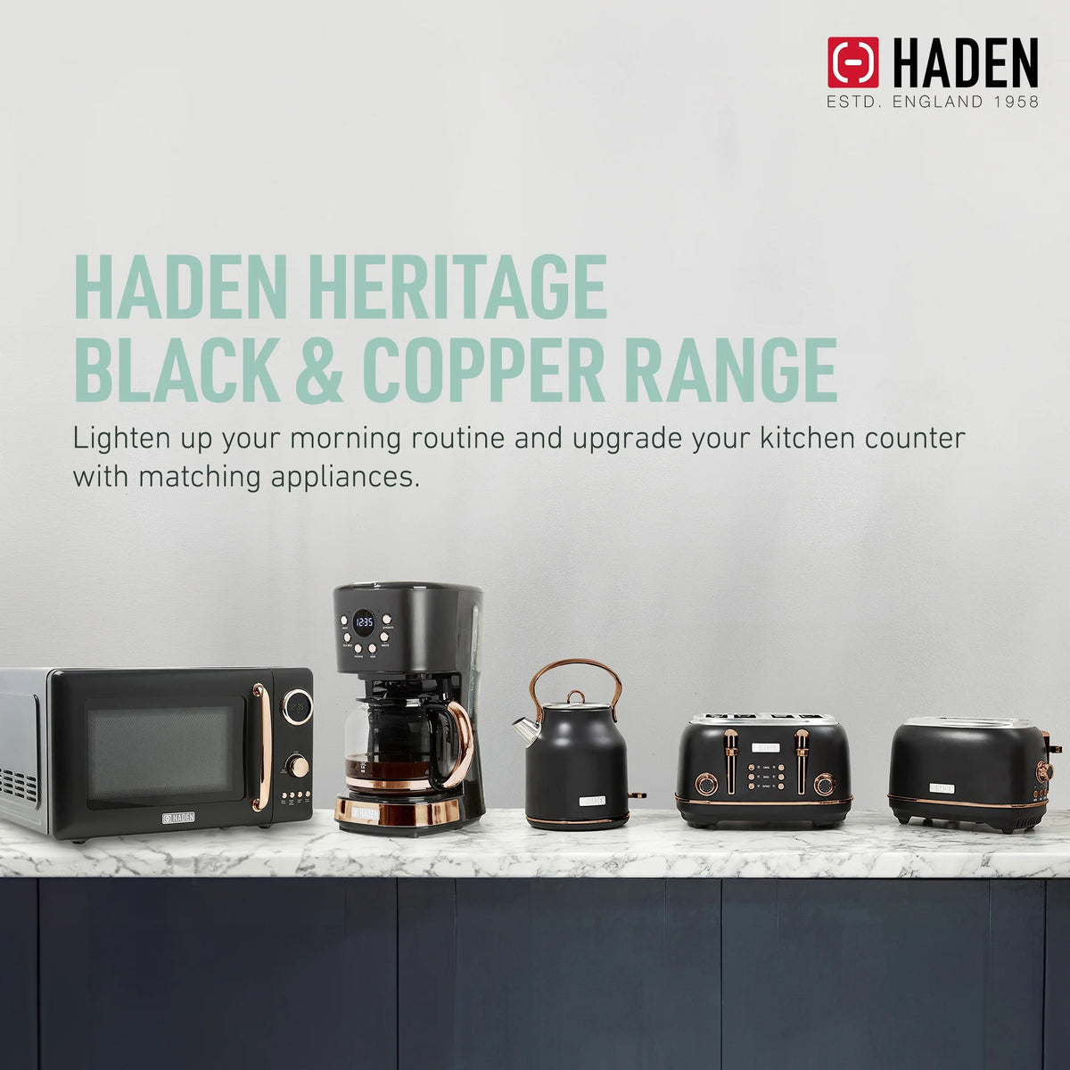 Haden Heritage 1500 1.7 Electric Kettle, Matte Black Finish with Copper Accents