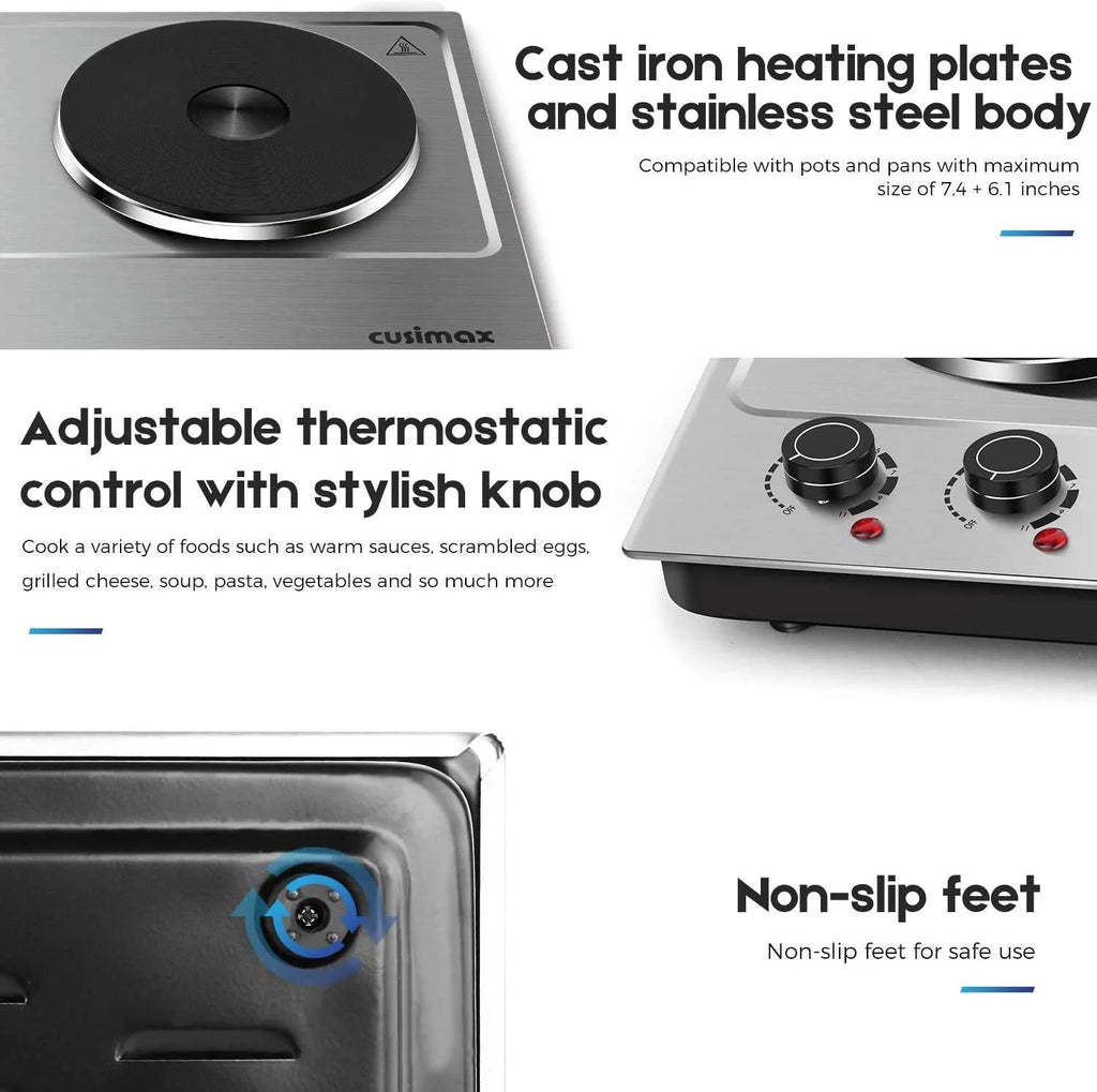 CUSIMAX 1800W Portable Double Burner Hot Plate �?Stainless Steel Countertop Electric Cooktop with Dual Cast Iron Heating Plates, Easy-to-Clean Silver Design, Upgraded Version