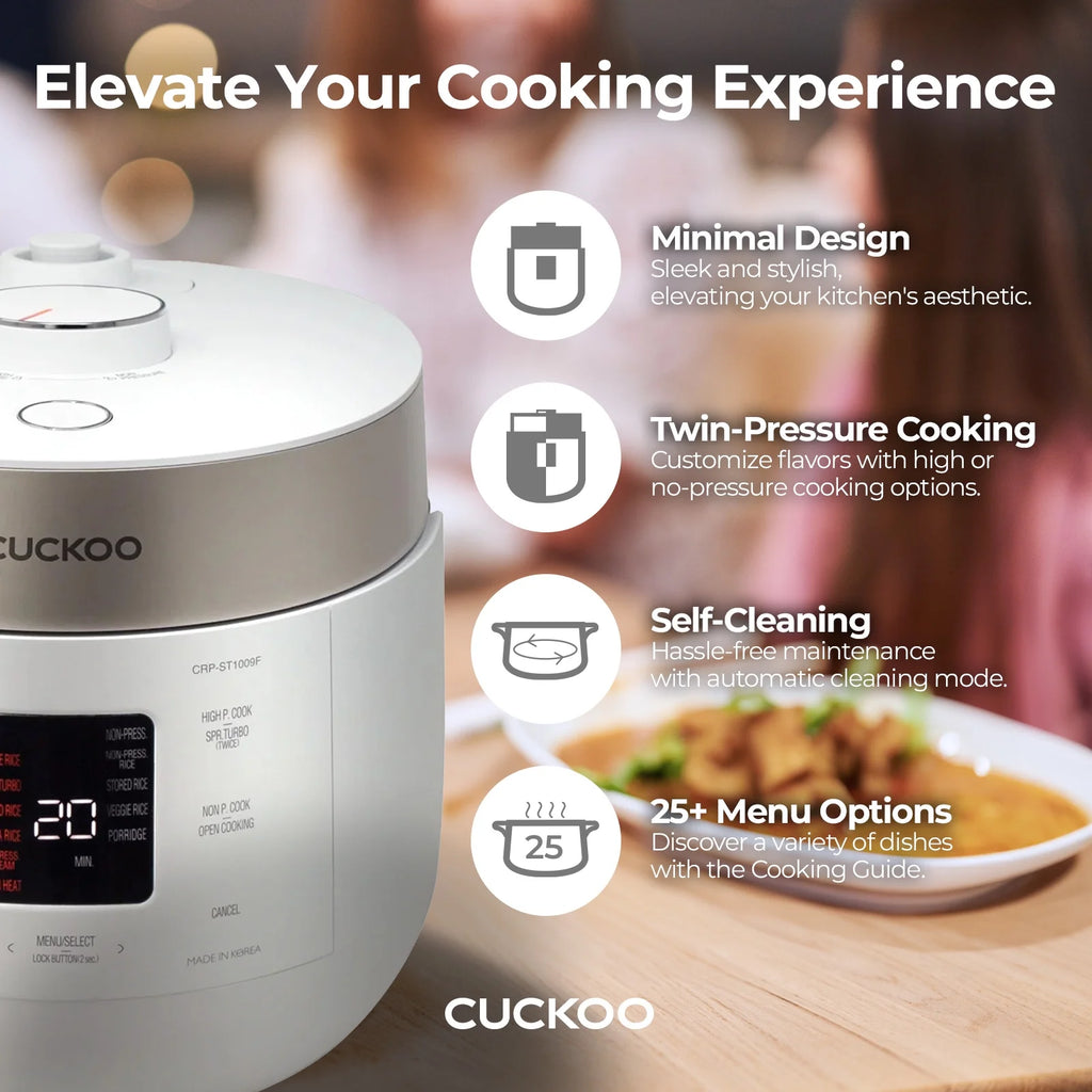 Cuckoo 6 Cup Dry, Twin Pressure Rice Cooker with Micom Logic Tech, Nonstick Pot, Warmer, 16 Menu Modes and Voice Guide