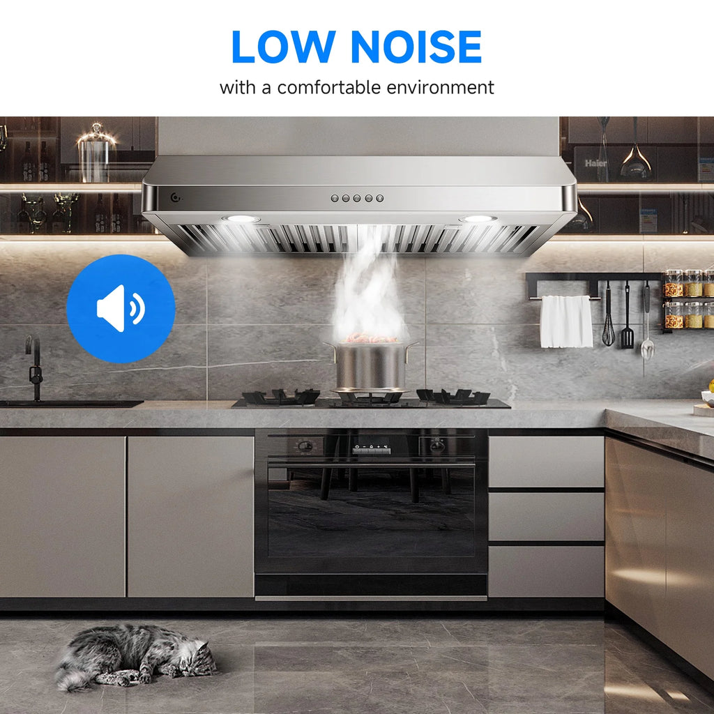 AMZCHEF Under Cabinet Range Hood 30 Inch 250CFM Stainless Steel Kitchen Stove Vent Hood 3 Speed Exhaust Fan Button Control LED lights Dishwasher