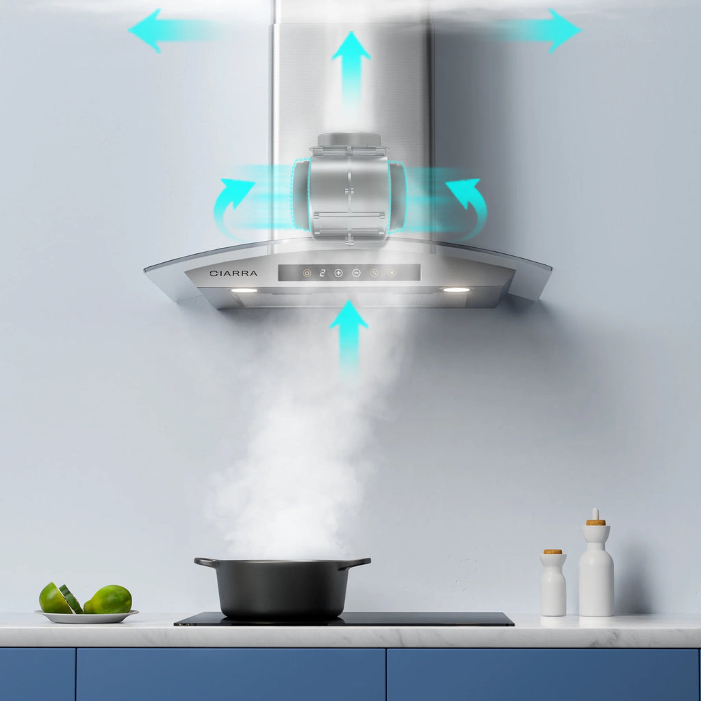 CIARRA Wall Mount Range Hood 30 inch with Tempered Glass 450 CFM Kitchen Vent Hood Ductless Ducted Convertible CAS50275
