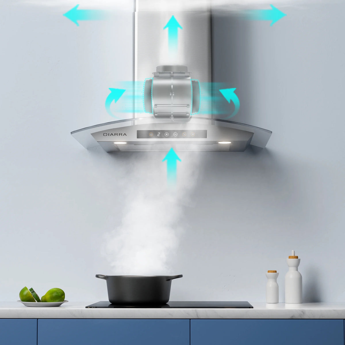 CIARRA Wall Mount Range Hood 30 inch with Tempered Glass 450 CFM Kitchen Vent Hood Ductless Ducted Convertible CAS50275