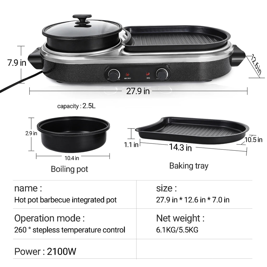 ZXMT 2 in 1 Electric Hot Pot with Grill Combo 2100W Indoor Griddle Dual Temperature Control Non-Stick Korean BBQ Shabu Pan