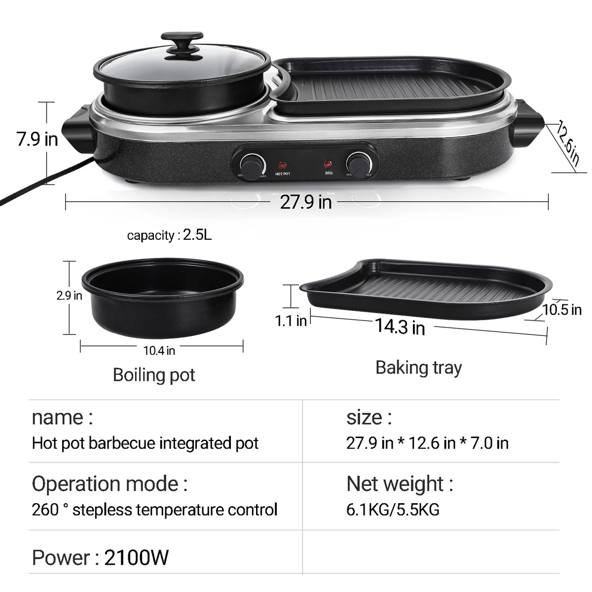 ZXMT 2 in 1 Electric Hot Pot with Grill Combo 2100W Indoor Griddle Dual Temperature Control Non-Stick Korean BBQ Shabu Pan