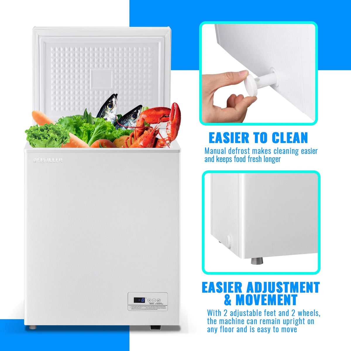 DEMULLER Deep Chest Freezer with 2 Removable Baskets Compact Mini Deep Freezers Stay-Open Lid White