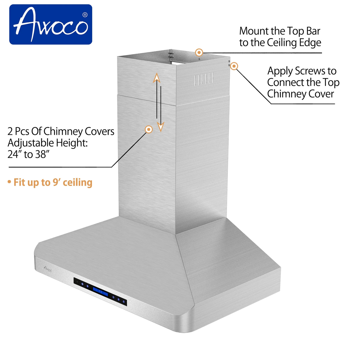 Awoco RH-WT-30 Awoco RH-WT-30 Wall Mount 4 Speeds, 6 Top Round Vent Stainless Steel Range Hood