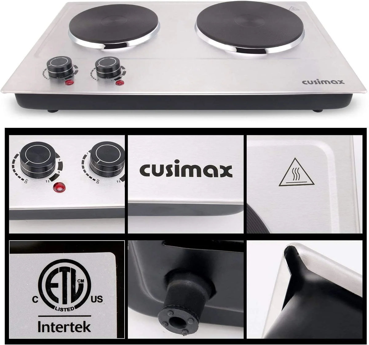CUSIMAX 1800W Portable Double Burner Hot Plate �?Stainless Steel Countertop Electric Cooktop with Dual Cast Iron Heating Plates, Easy-to-Clean Silver Design, Upgraded Version